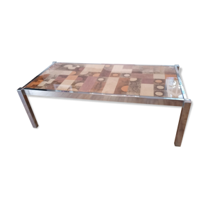 Table basse de salon vintage années 70 piètement chromé plateau en liège sous verre signée
