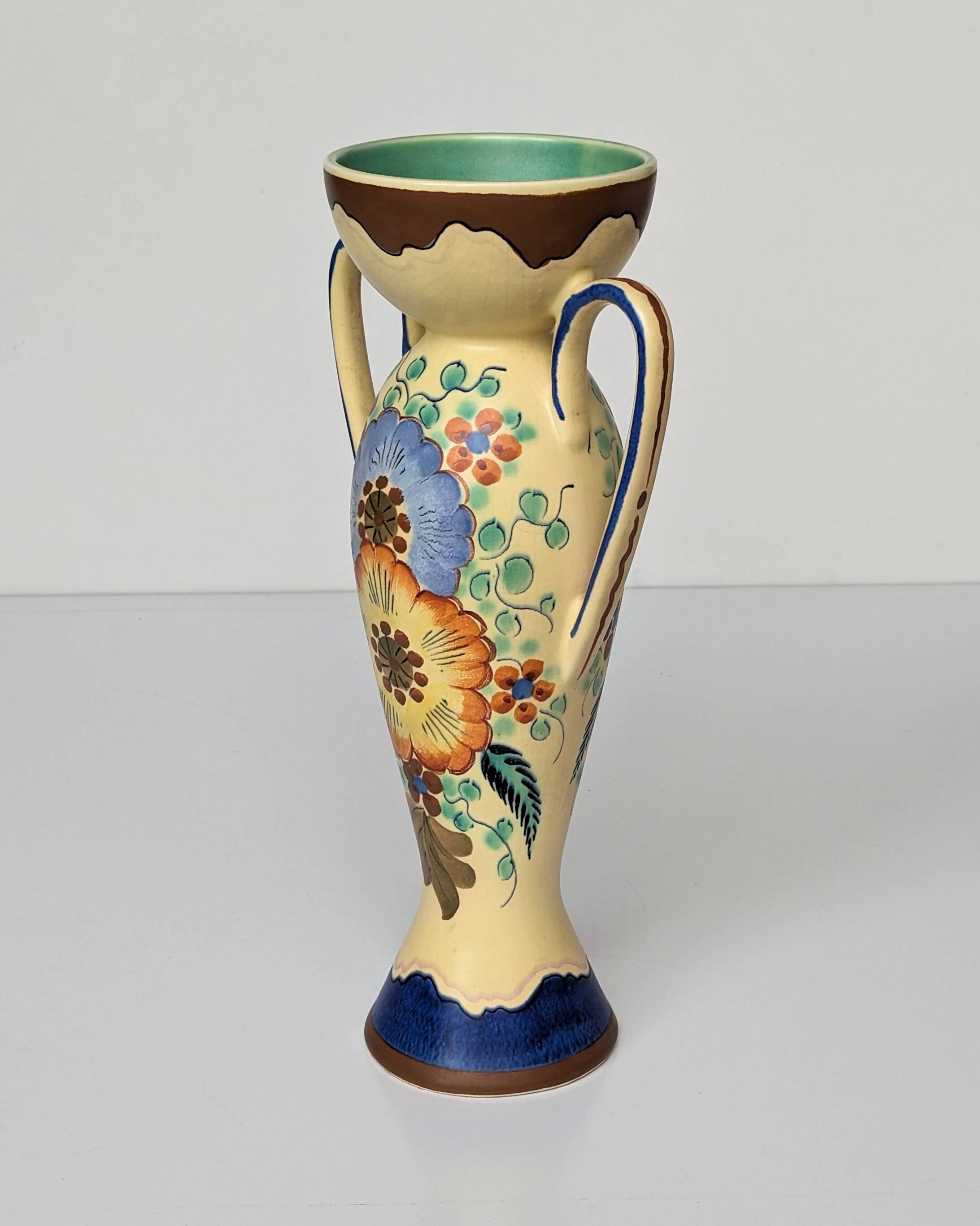 Amphora Vase Ceramic Gouda Holland - Rubens hand painted flower motif - Model 1035