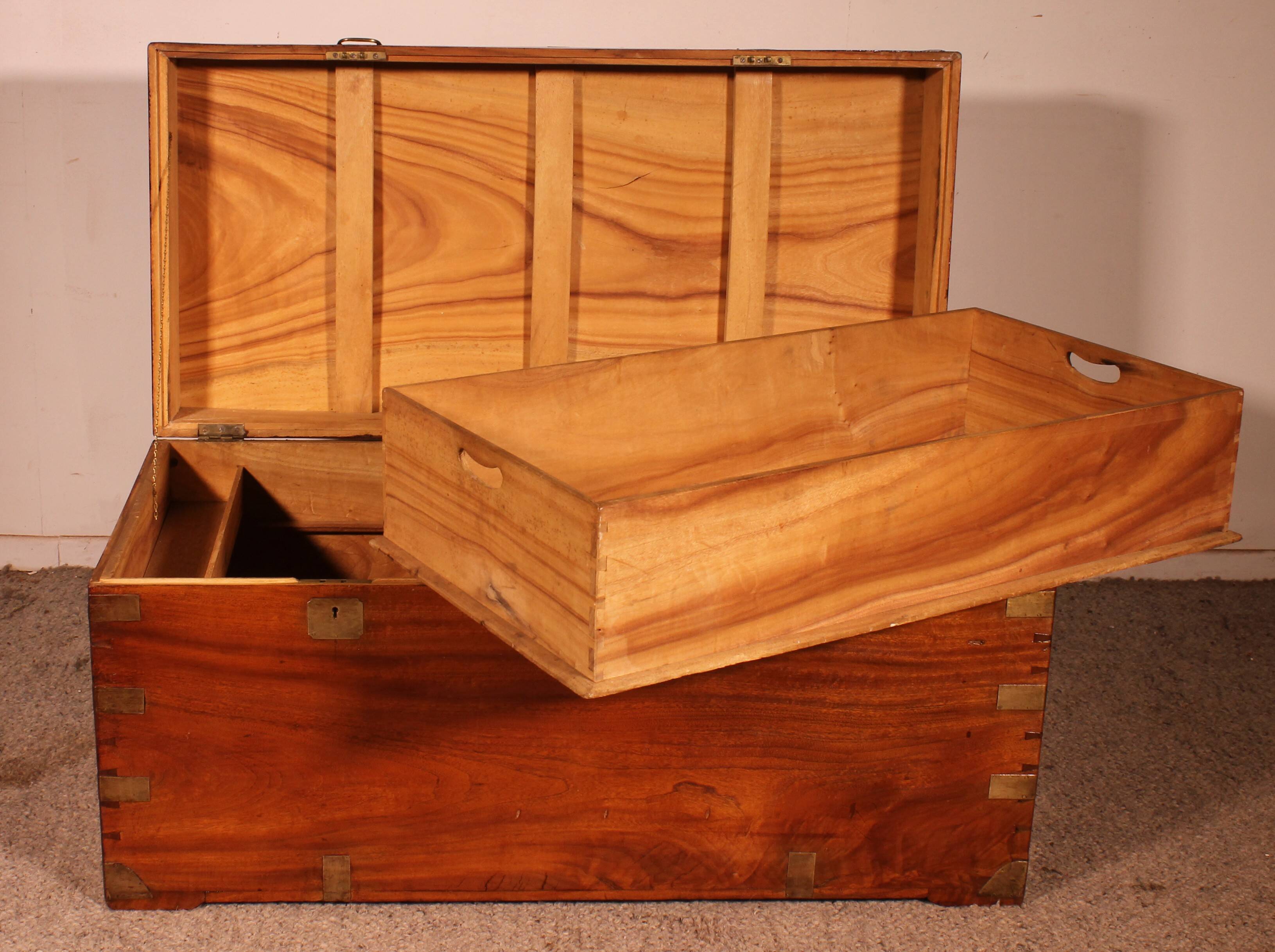 19th-century camphor wood marine chest with double locks and tray in