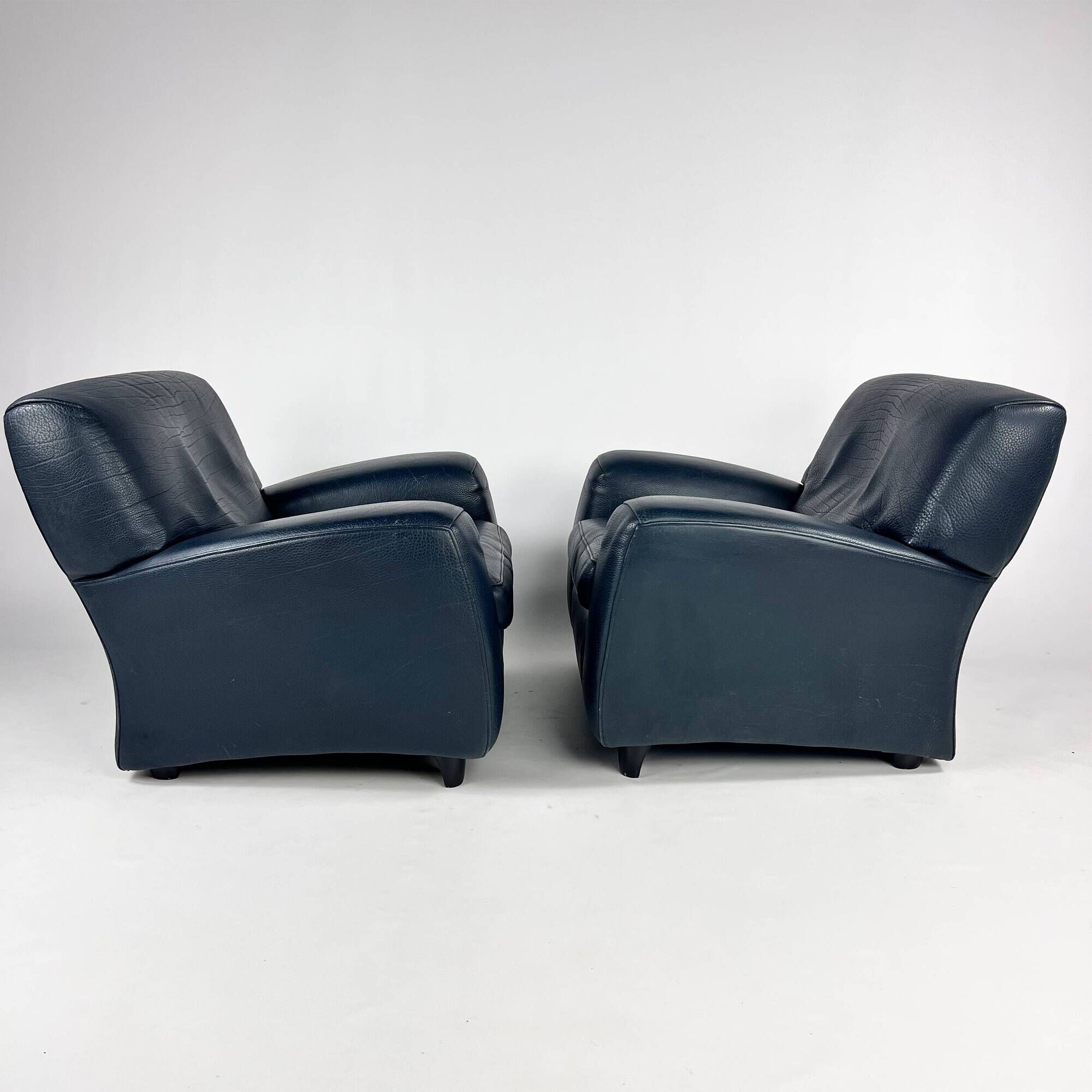 Set of 2 Italian Blue Leather Fatboy Armchairs by Molinari, 1980s