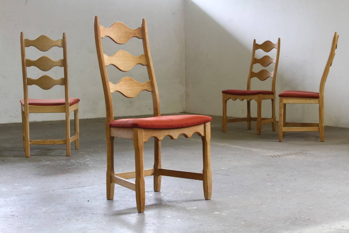 Vintage 1960s Danish Brutalist Ladderback Light Oak Chairs style of Kjærnulf