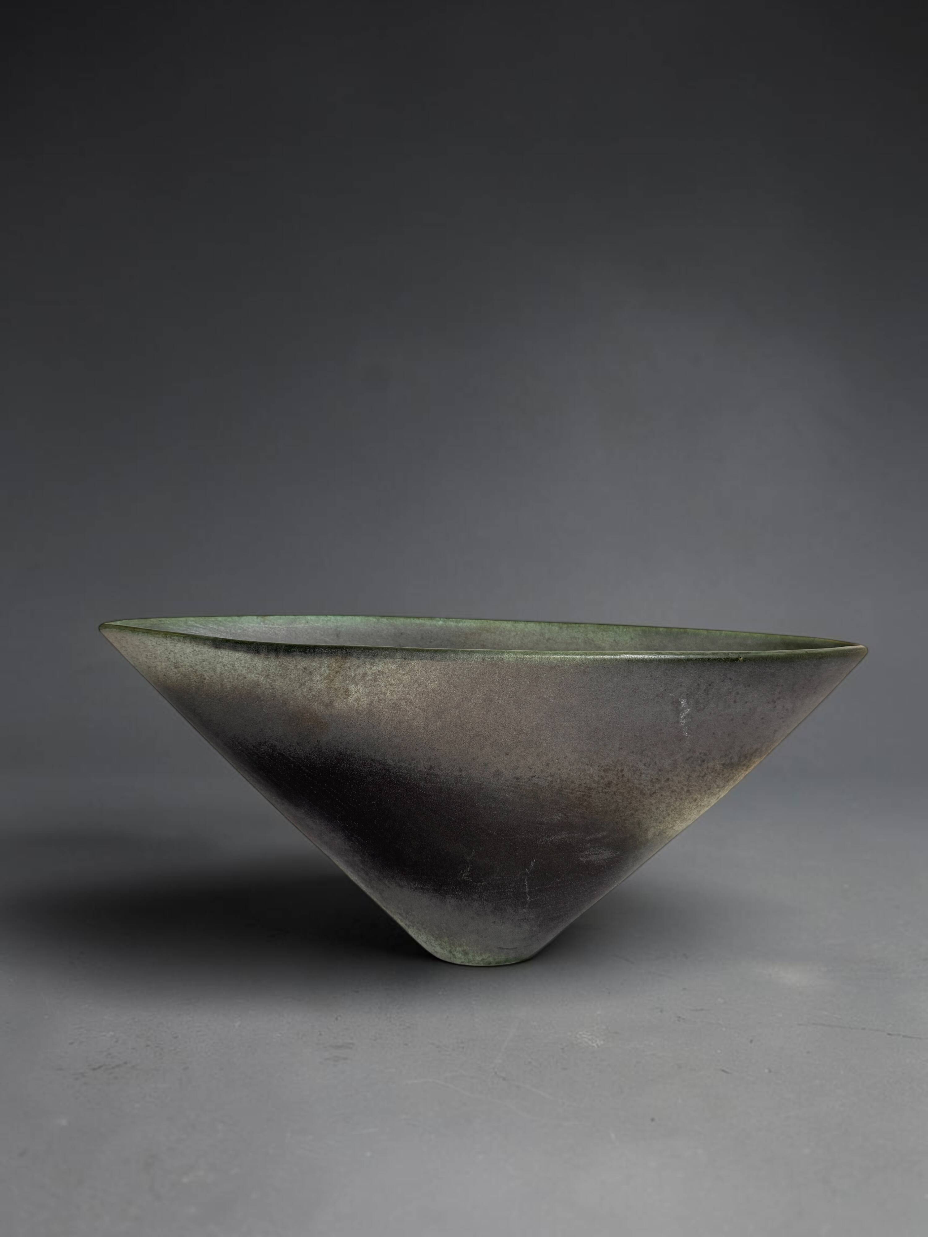 Antonio Lampecco shuttle vase, glazed grey-green ceramic, signed.