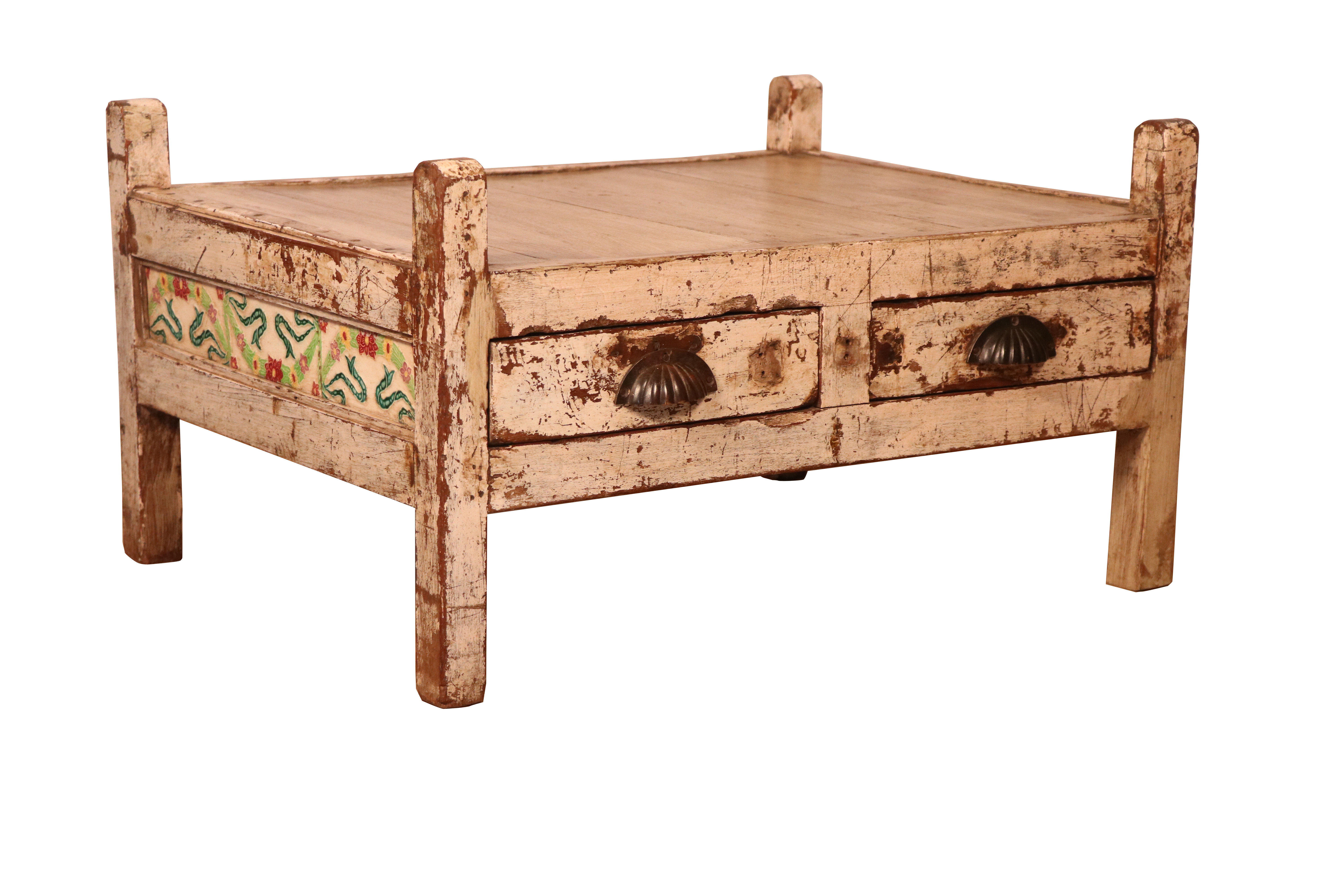 Old Burmese teak trade table original ecru patina