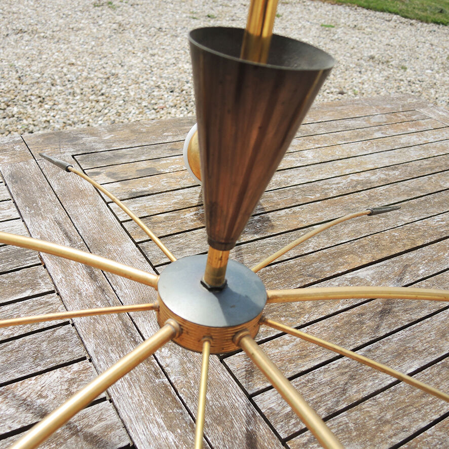 Antique 5-branch chandelier in brass and white glass