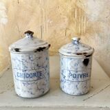 Spice jars and coffee maker in enameled sheet metal