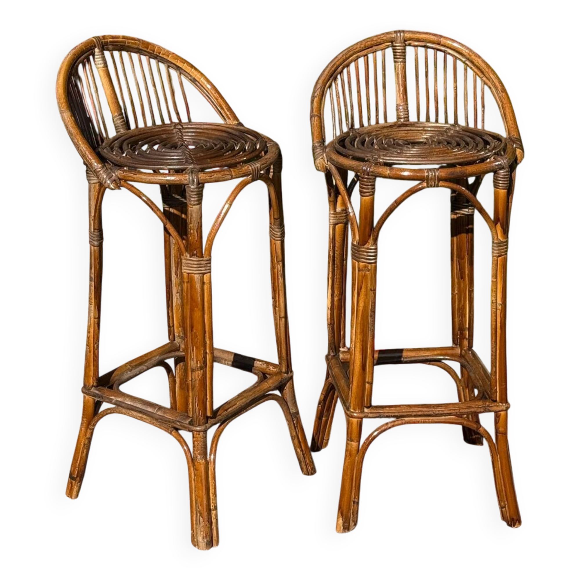 Pair of 1960s rattan stools from France.