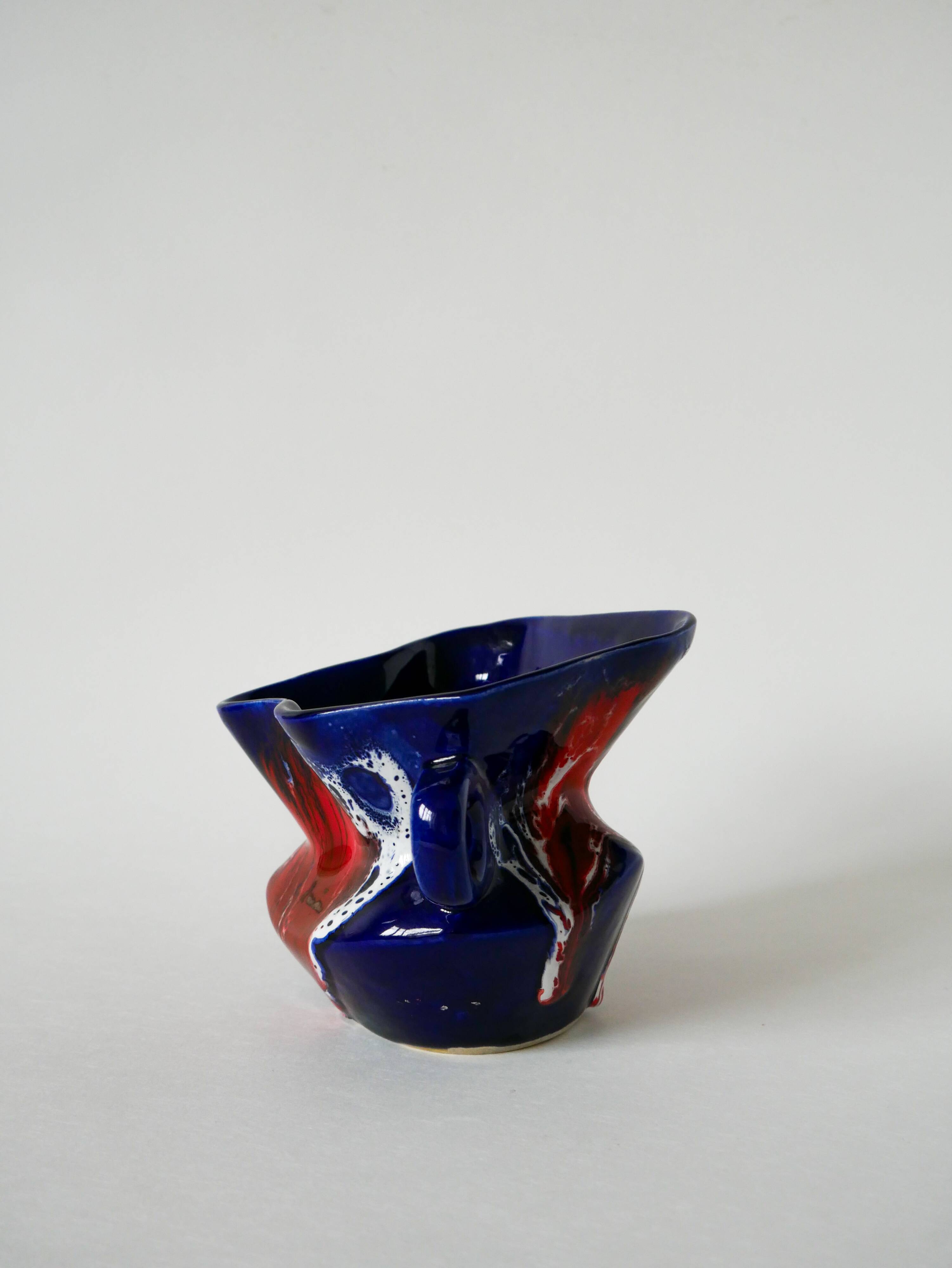 Ceramic vase / fat lava red, blue and white, 1970