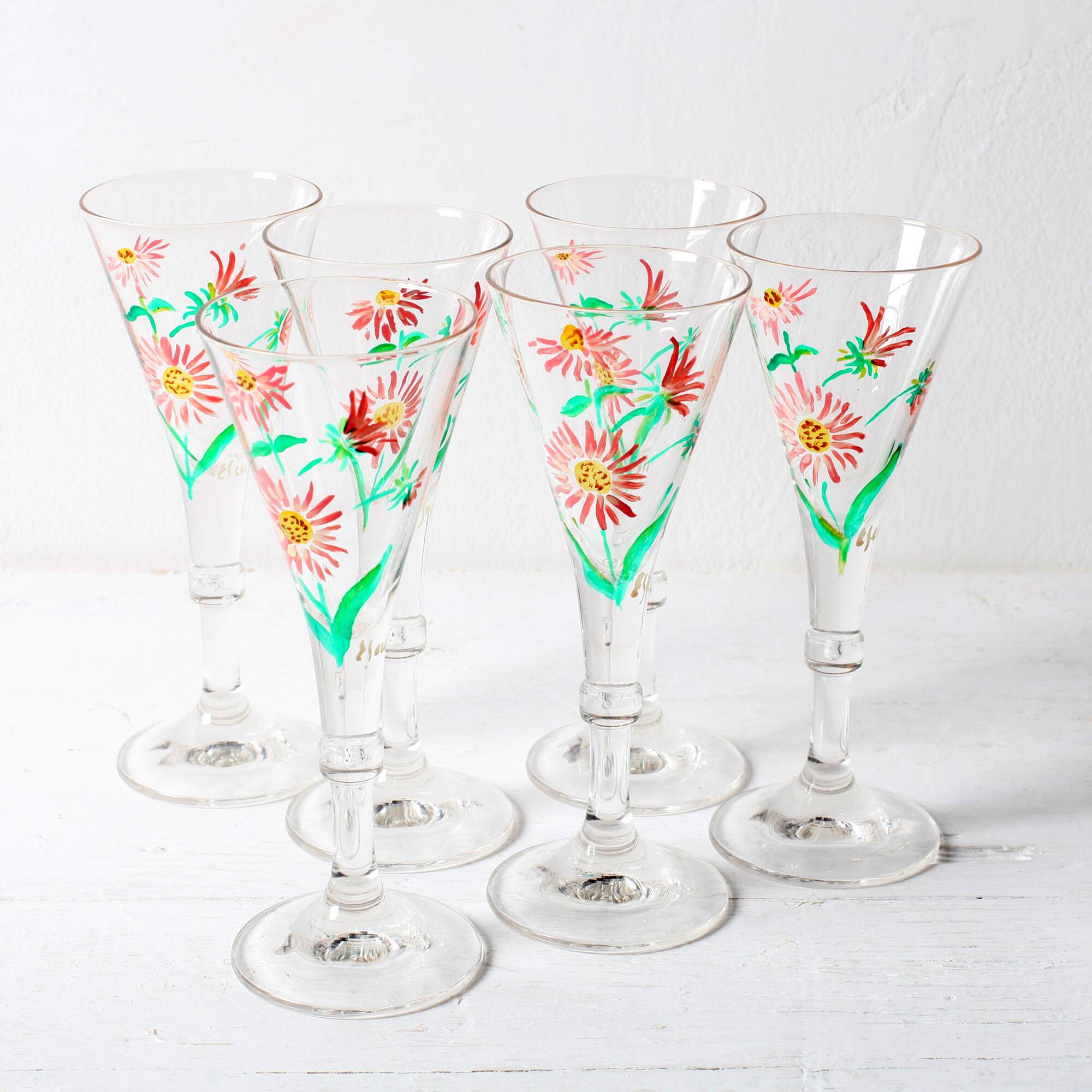 Set of 6 Mid-century Rare Floral Design Champagne Flutes / Italy / 1960s