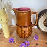 Old vintage ceramic pitcher or jug from Sarreguemines France Brown and pink interior, imitation basket