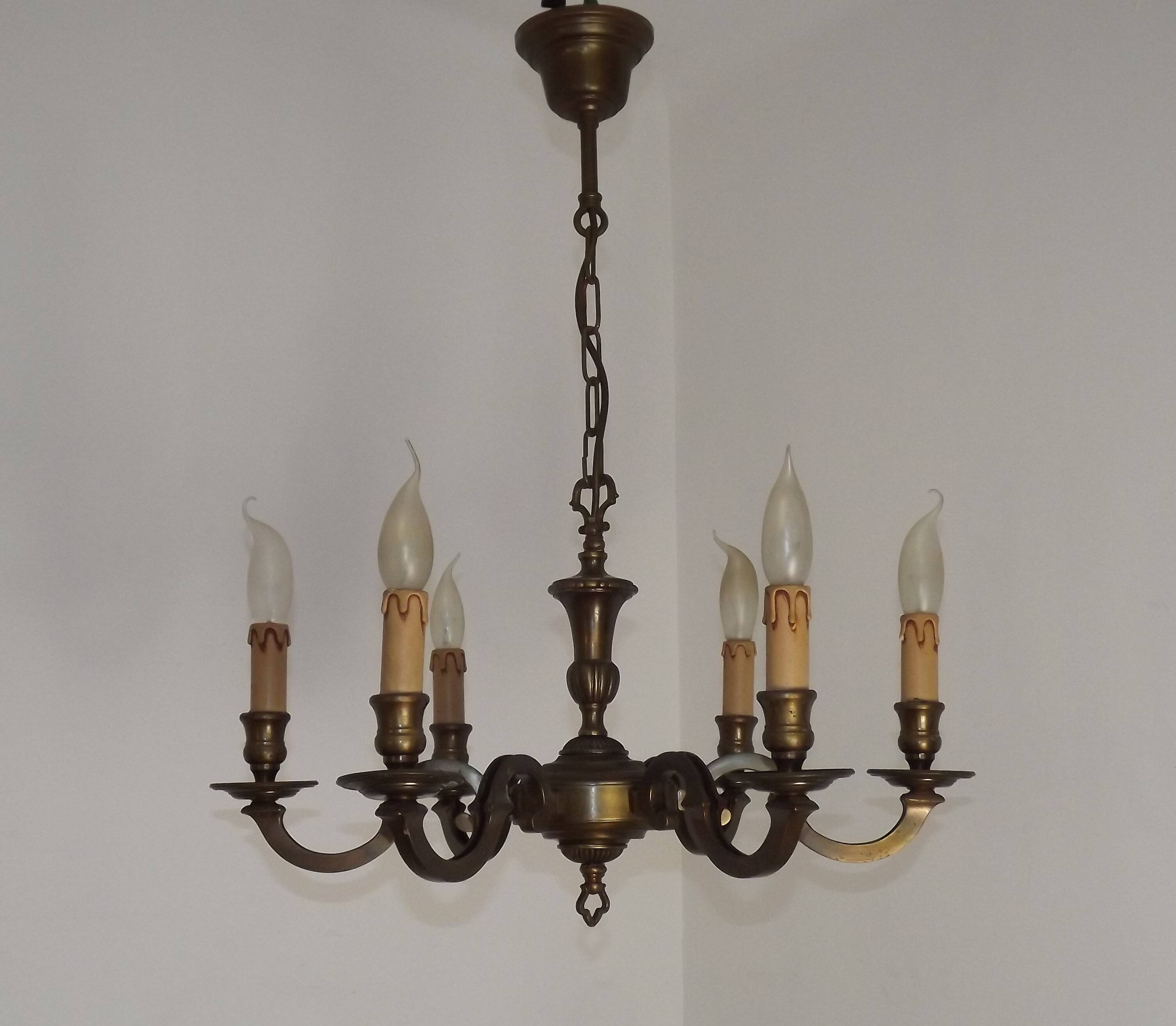 French Mid Century Brass & Copper 6 Light Traditional Style Chandelier 5571