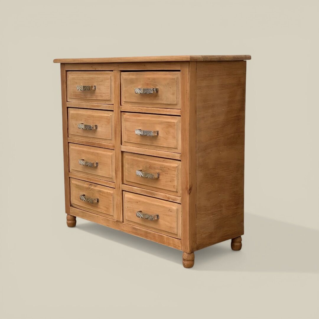 Art Deco chest of drawers in raw solid wood with 8 drawers.