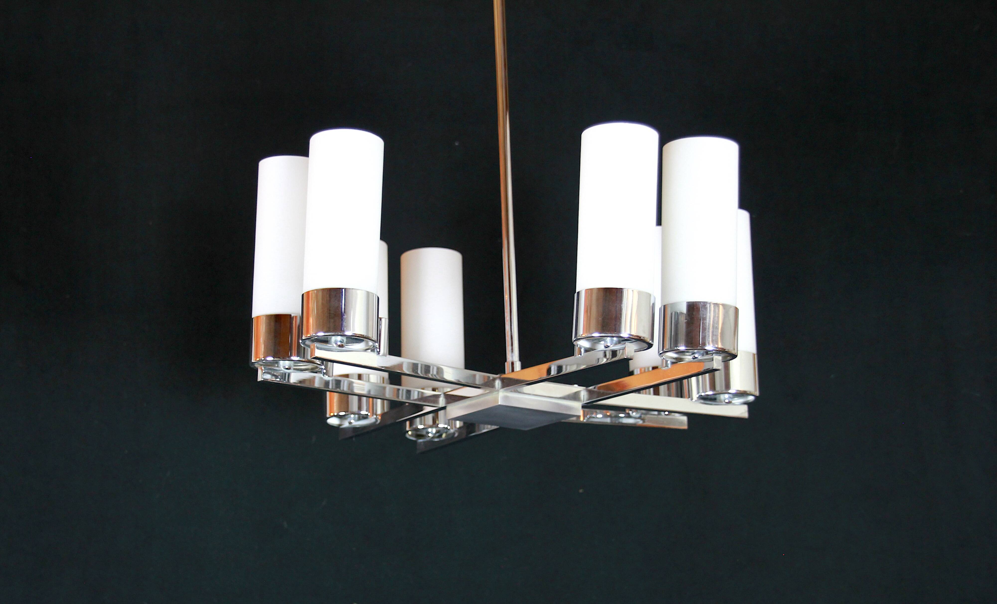 Modernist chandelier, chrome and opaline metal, mid-century france - 8 lights