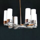 Modernist chandelier, chrome and opaline metal, mid-century france - 8 lights