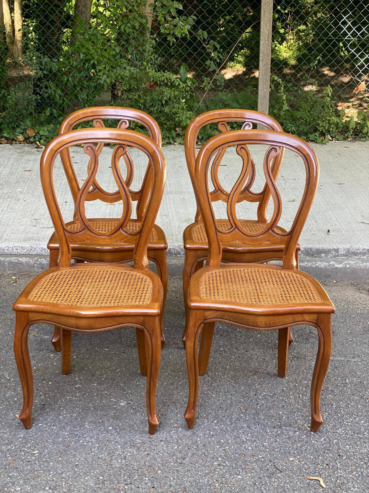4 Louis Philippe curved wood caned dining chairs