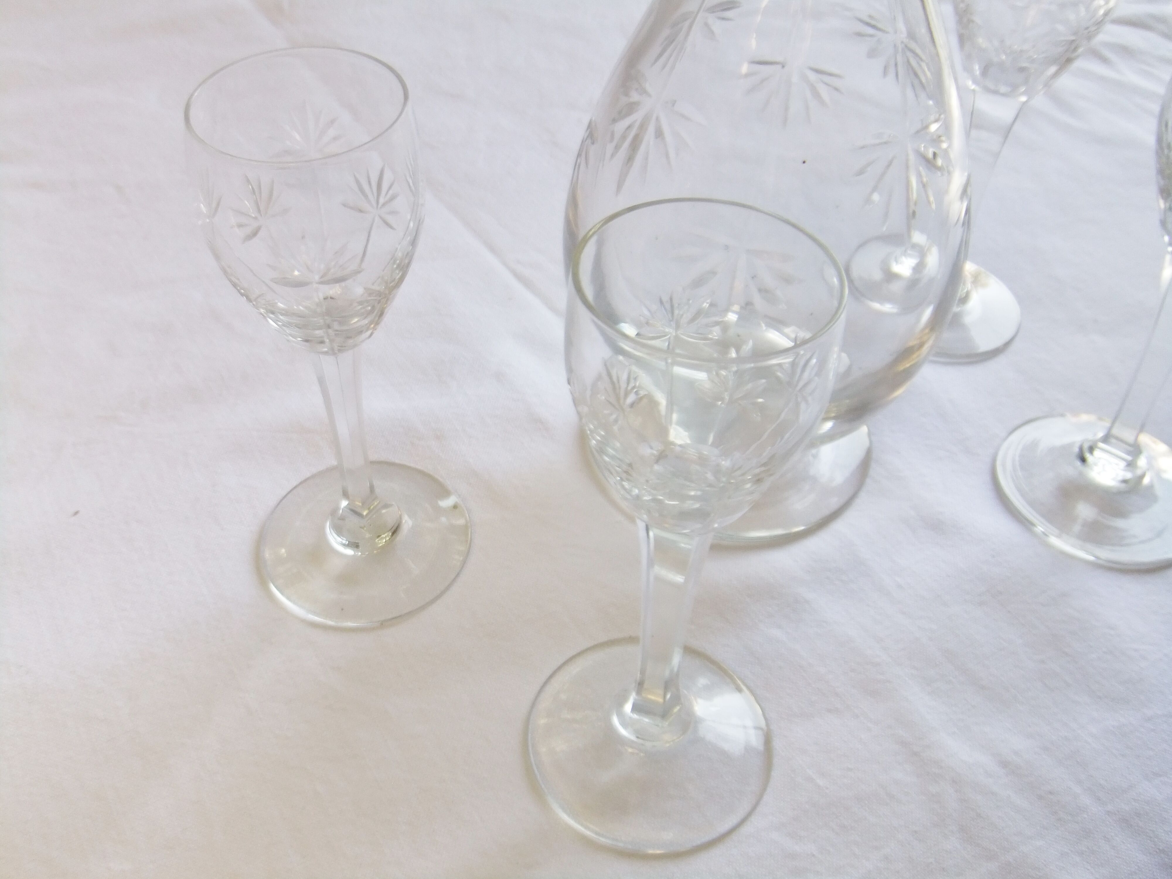 Bohemian crystal liqueur service Baccarat St Louis carafe glasses signed by an anchor