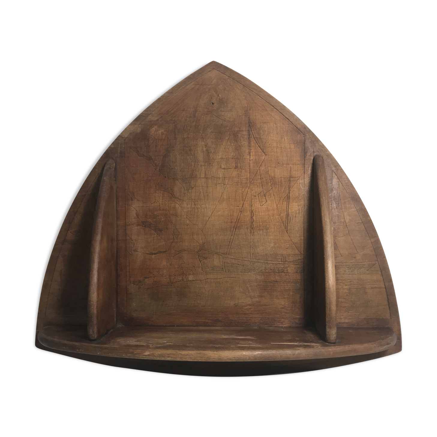 Wall shelf wooden seaside scene engraved
