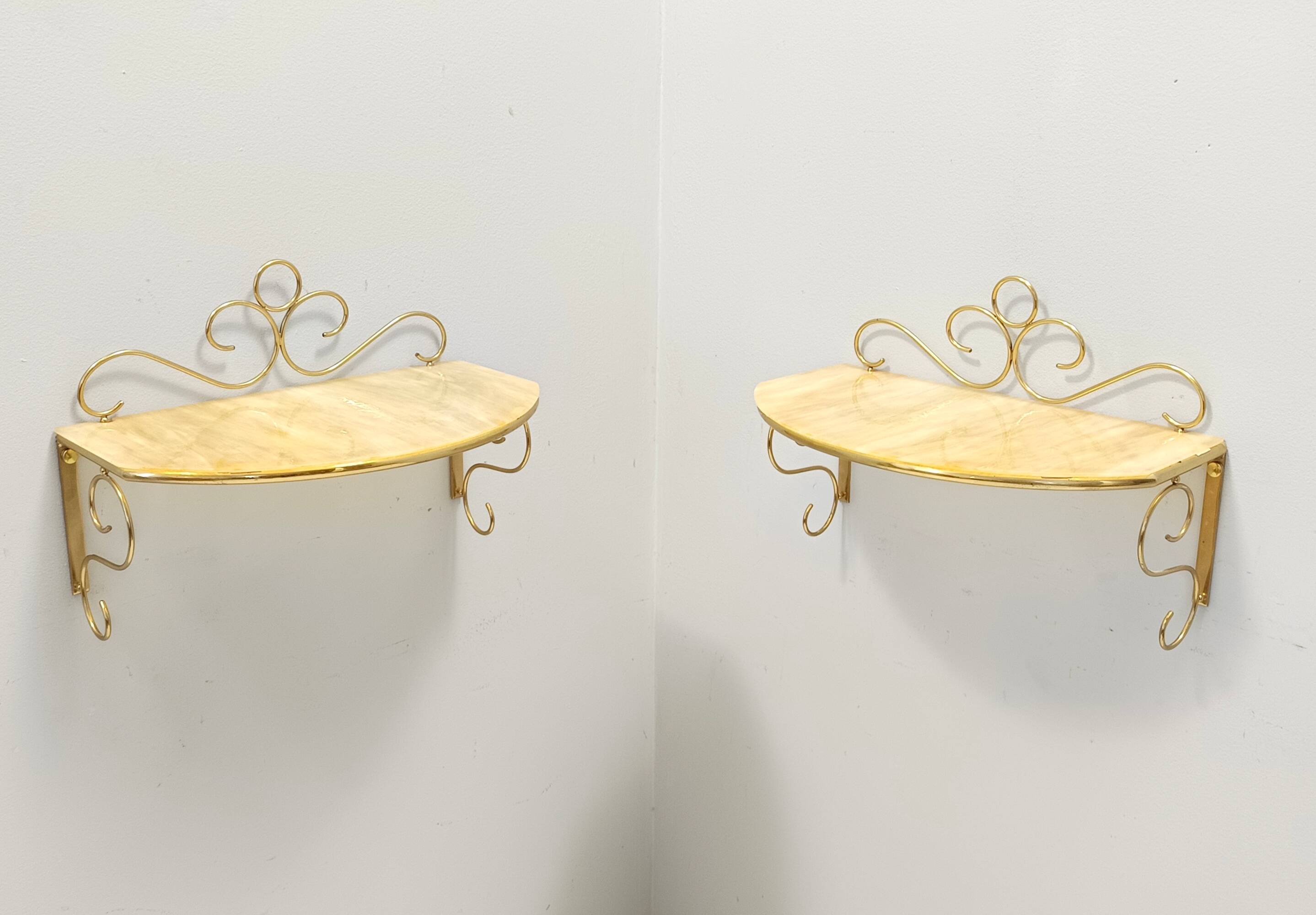 Pair of Wall-Mounted Brass and Murano Glass Console Tables / Nightstands