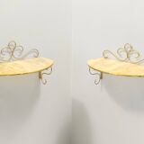 Pair of Wall-Mounted Brass and Murano Glass Console Tables / Nightstands