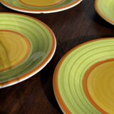 Set of 4 Italian ceramic plates in green, orange, and yellow splashes D20.