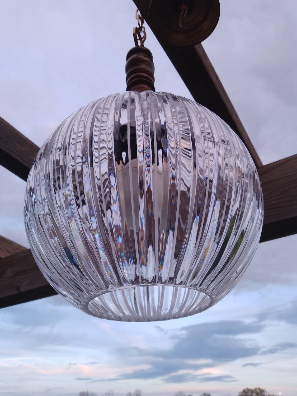 Suspension ball in thick striated glass design lighting year 1980 space age