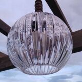Suspension boule en verre épais striée design luminaire année 1980 space age