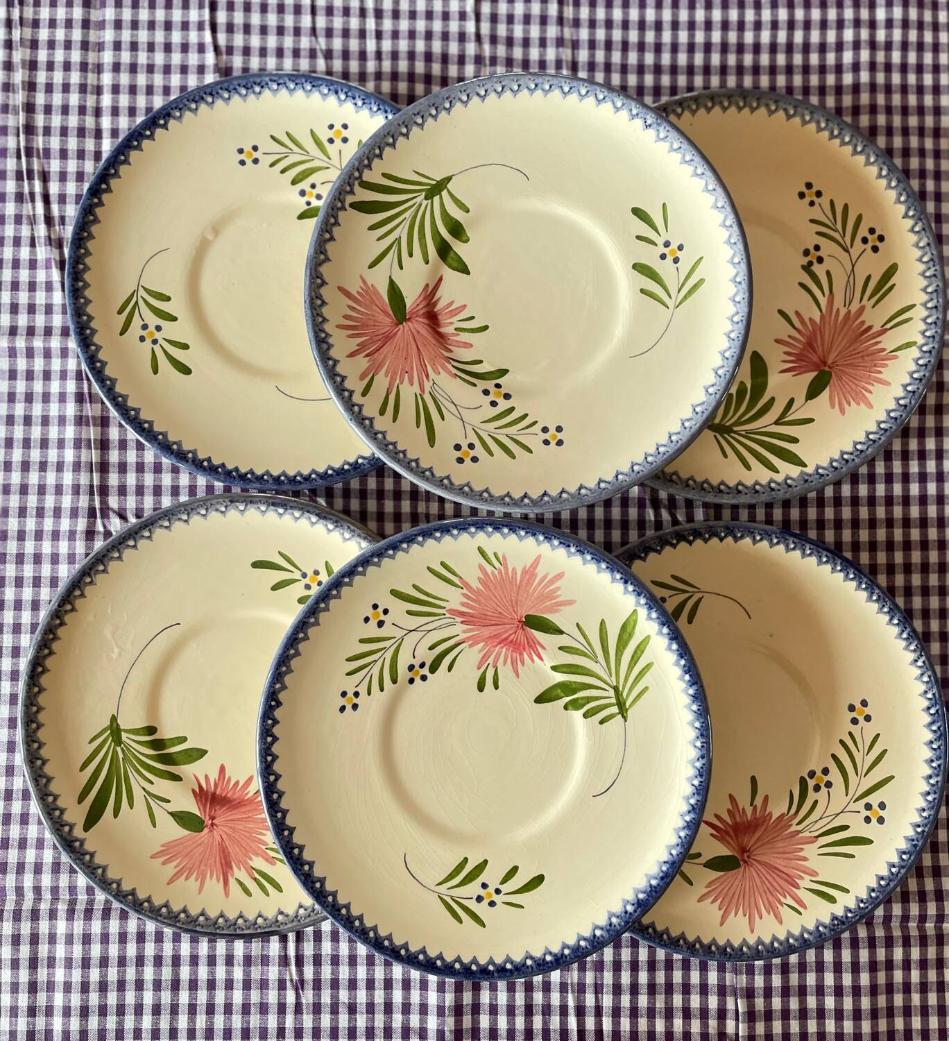 6 vintage Charolles dessert plates with hand-painted floral decor