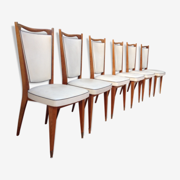 Set of 6 chairs "Monobloc" varnished wood and leather 50s vintage