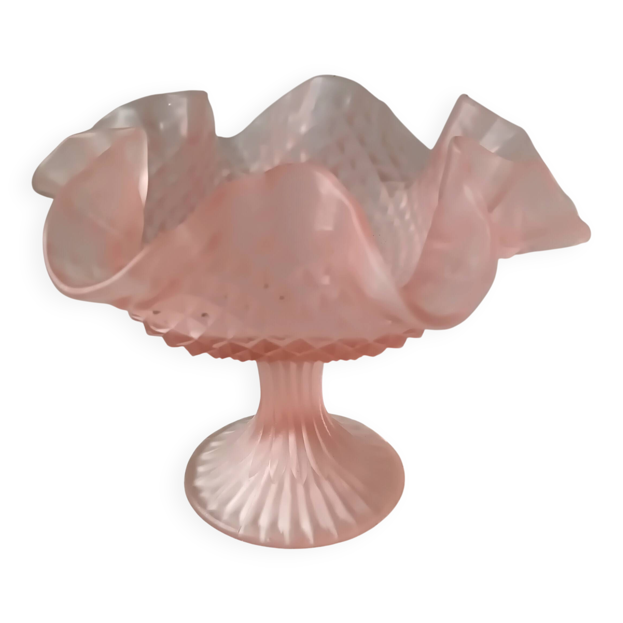 Small pink glass bowl on shabby foot, empty pocket
