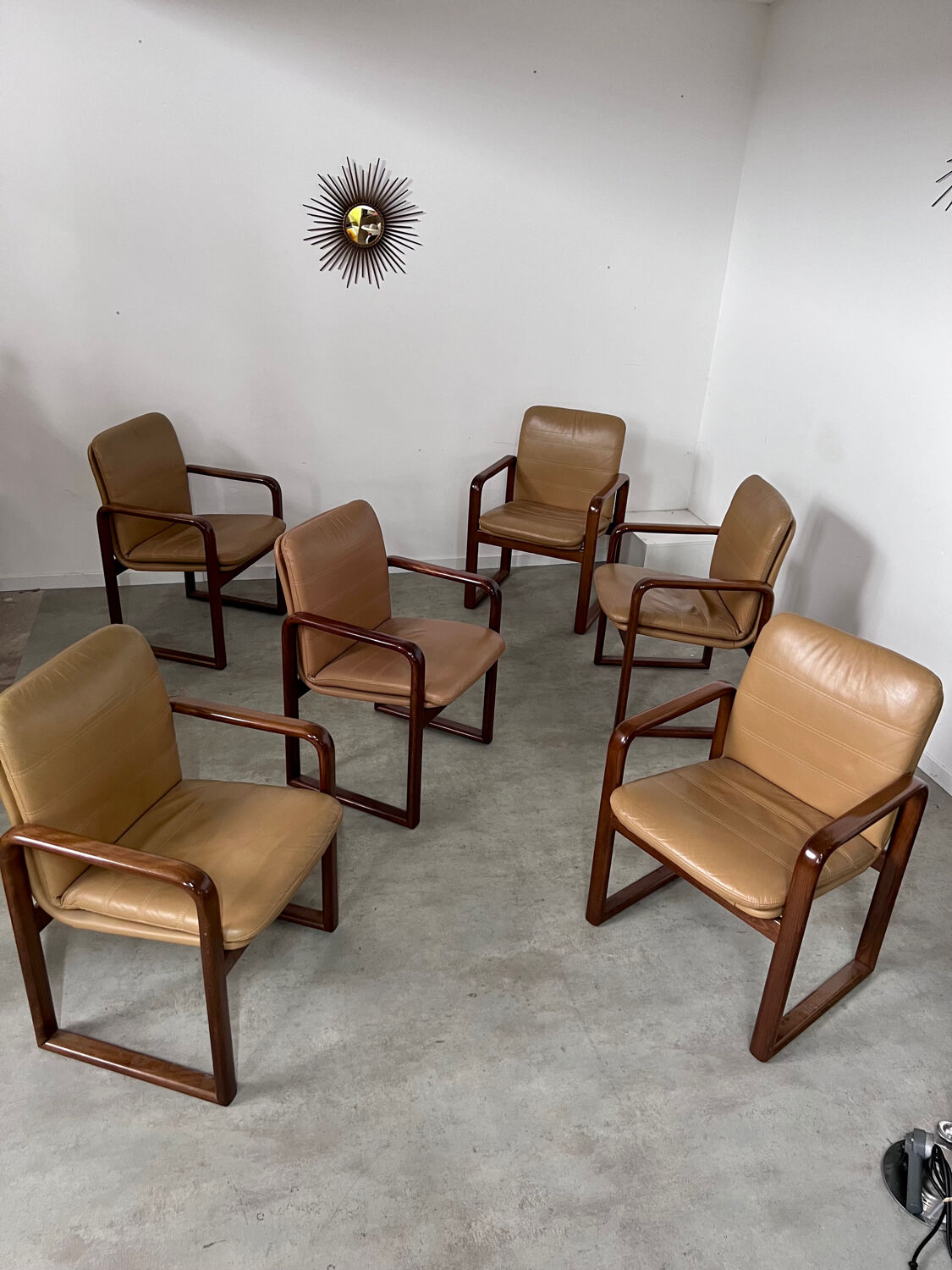 Lot 6 chairs armrests vintage 70s Scandinavian design leather and wood