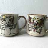 Set of 4  sandstone mugs, bird decor, butterfly, flowers, fish 70 years