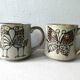 Set of 4  sandstone mugs, bird decor, butterfly, flowers, fish 70 years