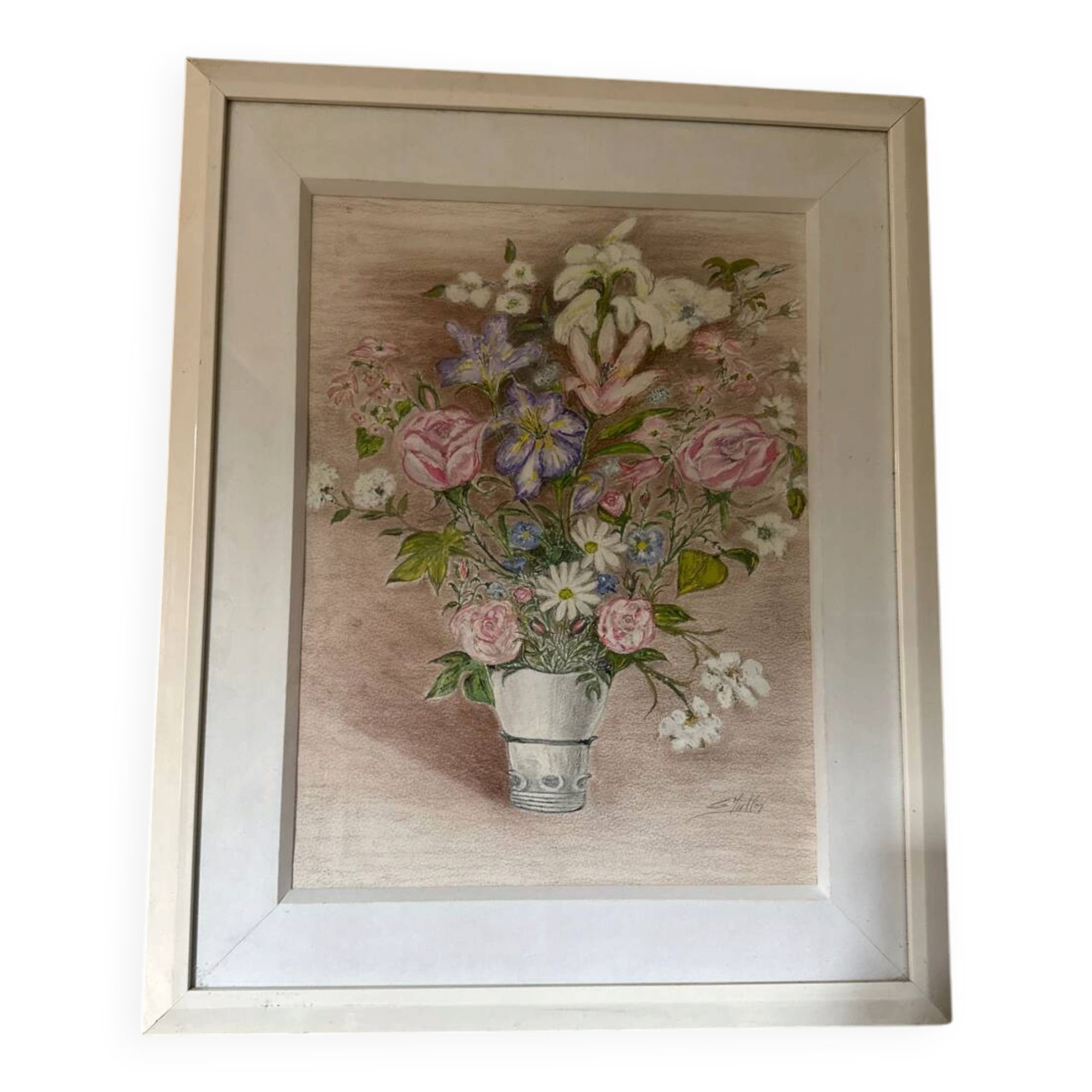 Pastel drawing "Garden Flower Bouquet" – White frame under glass