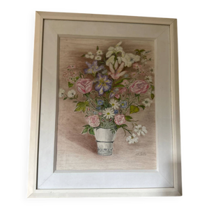 Dessin aux pastels ''Bouquet - blanc cadre