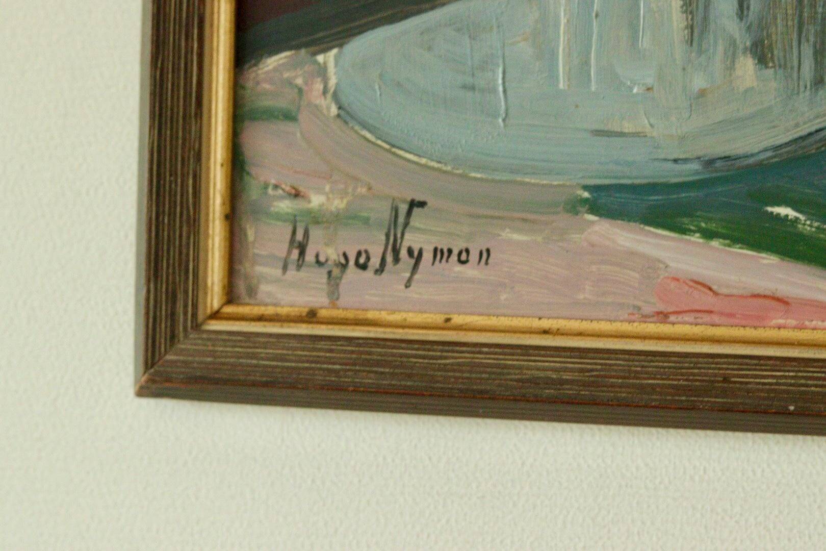 Nature morte suédoise à l'huile sur panneau avec fer et pot par Hugo Nyman