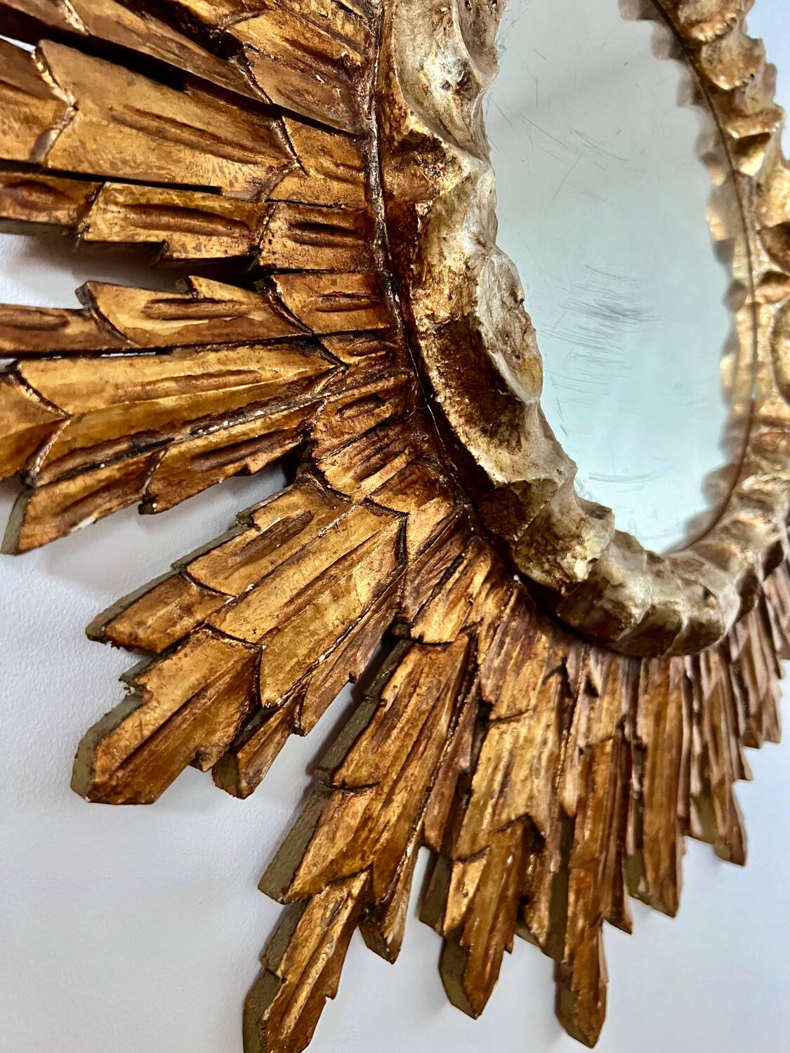 Old golden wooden sun mirror large size vintage 50s design