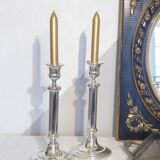Pair of silver metal candle holders