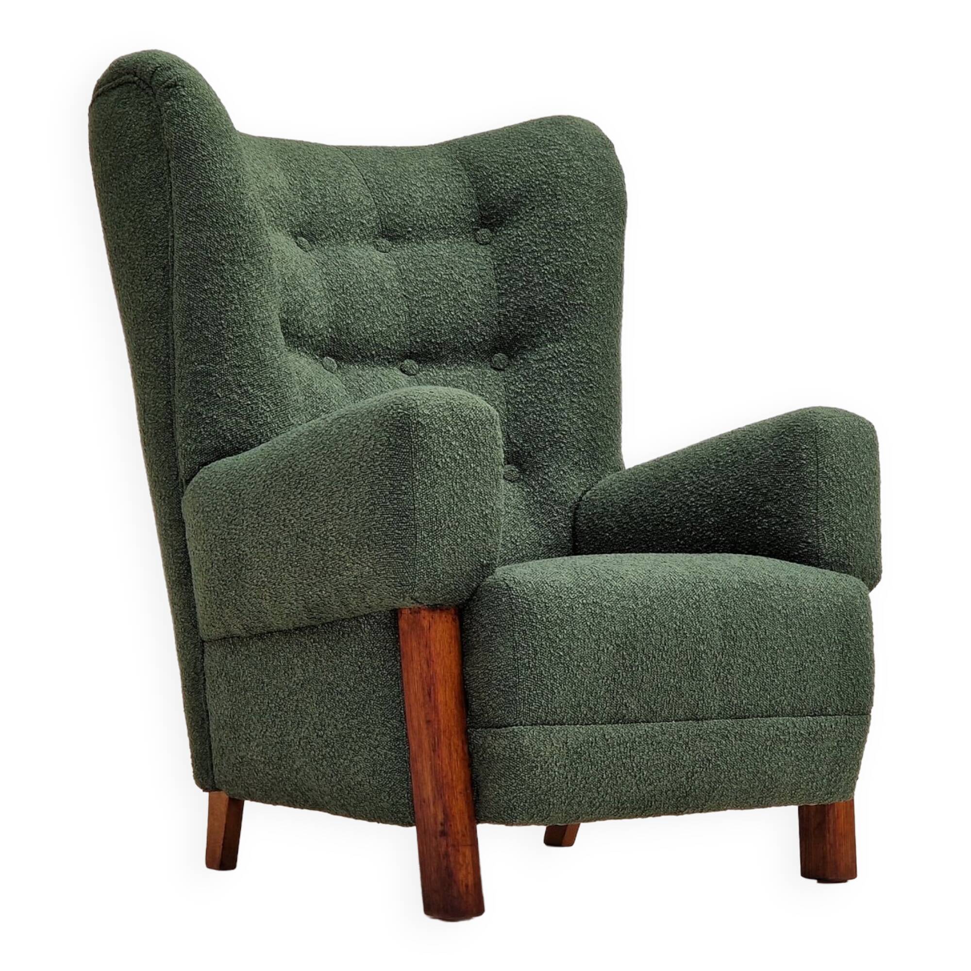 1960s, scandinavian design, restored high-back recliner, oak wood.