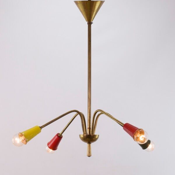 Lustre vintage 1950, 4 bras, laiton et couleurs, 60cm de diamètre