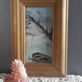 Oil painting boat on river, mist, tree, gilded wood frame 15.5x23.5 cm, signed