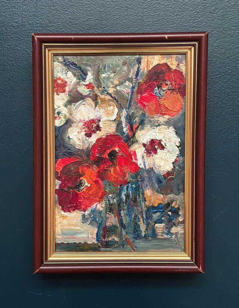 Swedish Oil on Canvas“Red Poppies and White Blossoms” by L. Stokes, Vintage