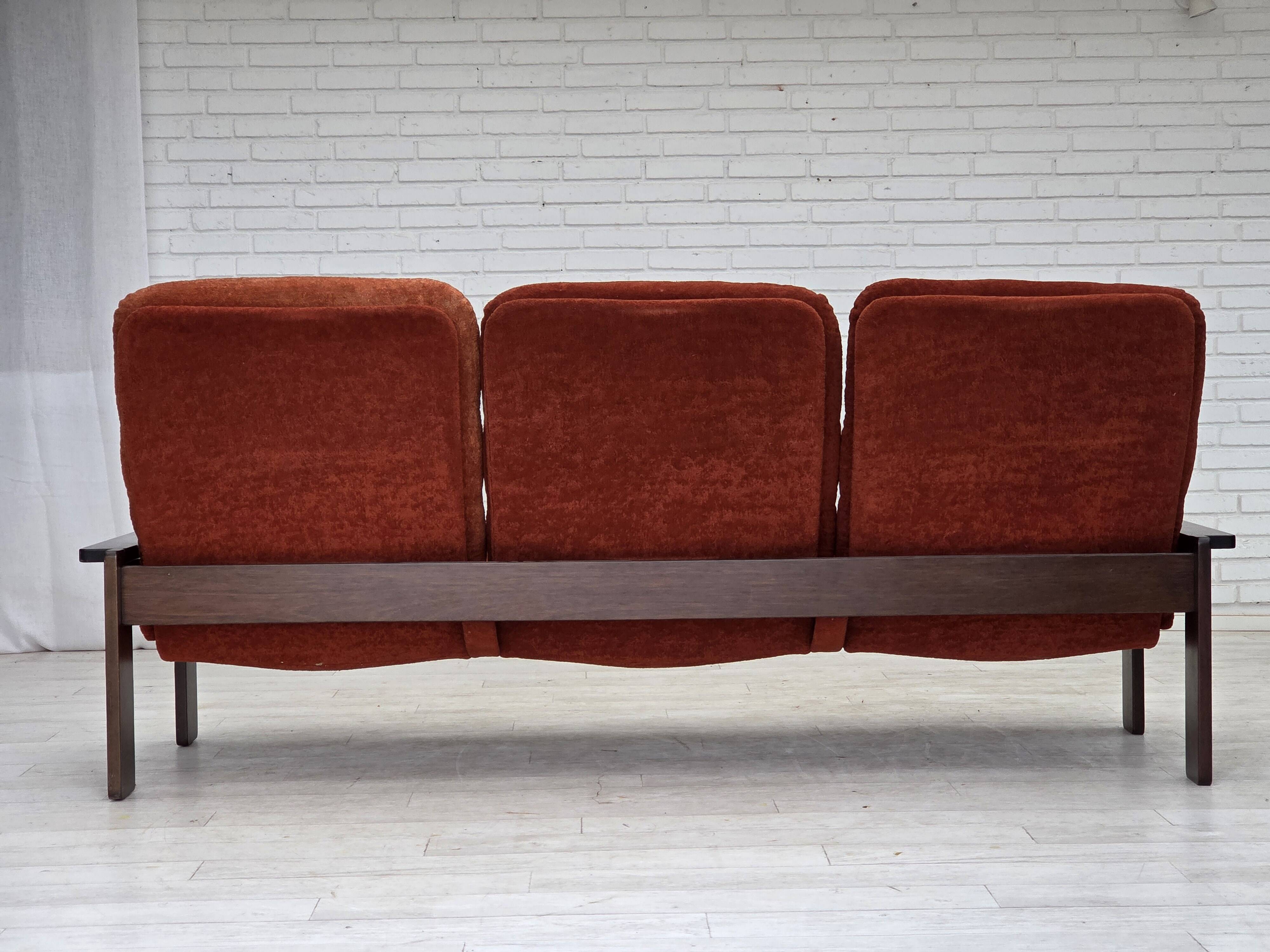 1970s, 3-seater Danish sofa, orange/red furniture velour, oak wood.