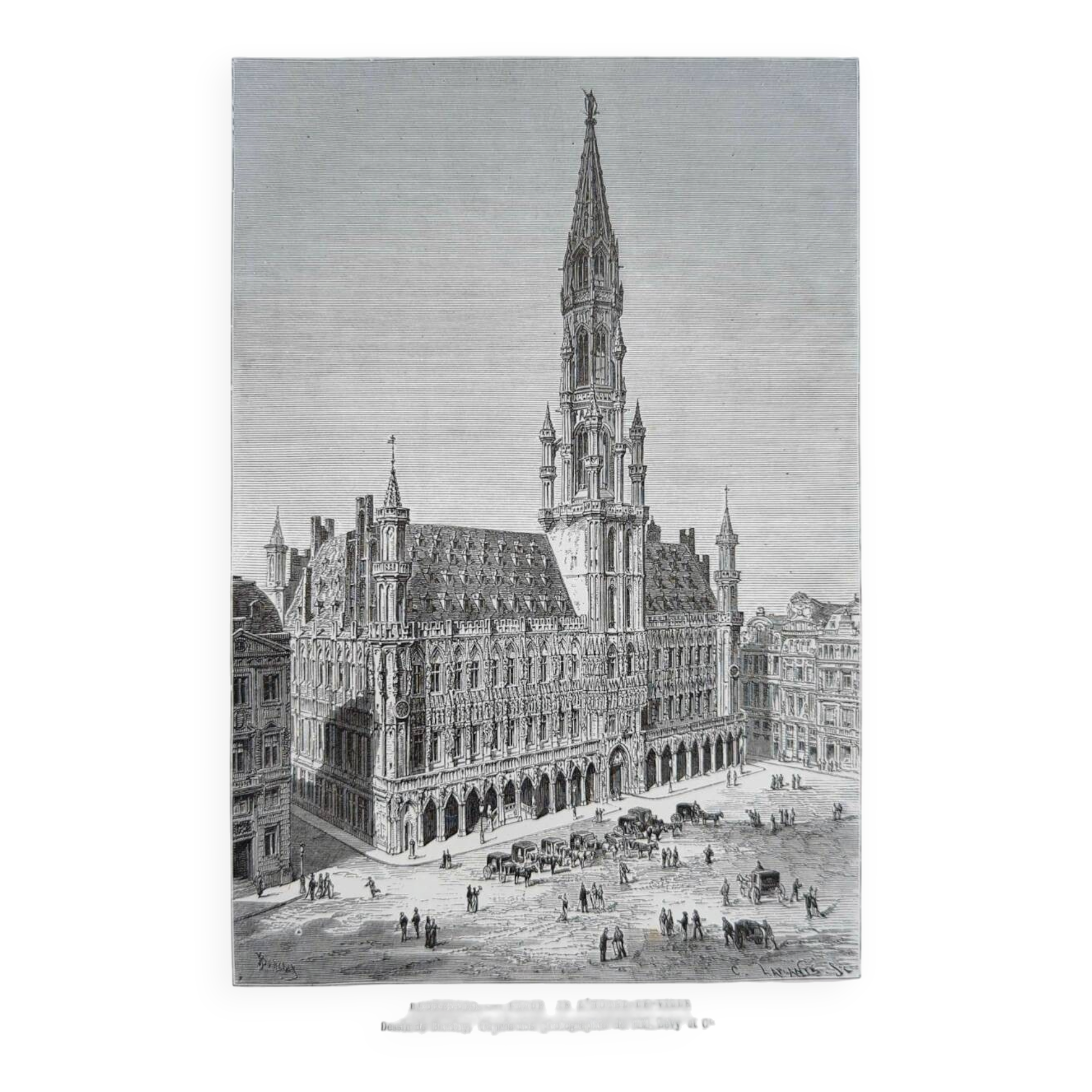 Brussels City Hall, Belgium, printed illustration from 1878.
