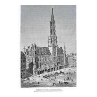 Brussels City Hall, Belgium, printed illustration from 1878.