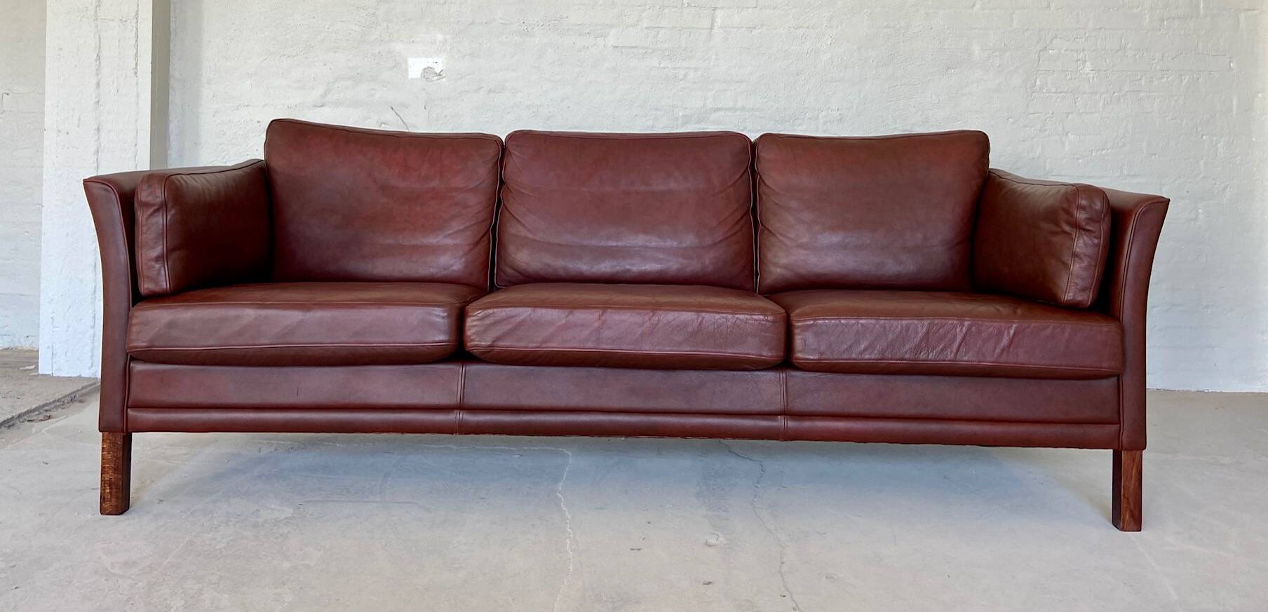 Mid century vintage danish mogens hansen 3 person sofa in burgundy leather