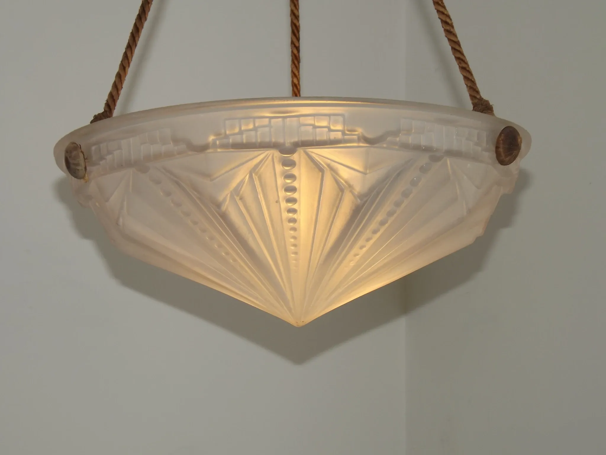 French Vintage Art Deco White Glass Abstract Platformier Ceiling LIght