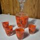 Decorated glass liqueur set, carafe and 4 glasses with asian scene