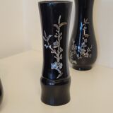 5 Vietnam vases black lacquered wood and mother-of-pearl inlays