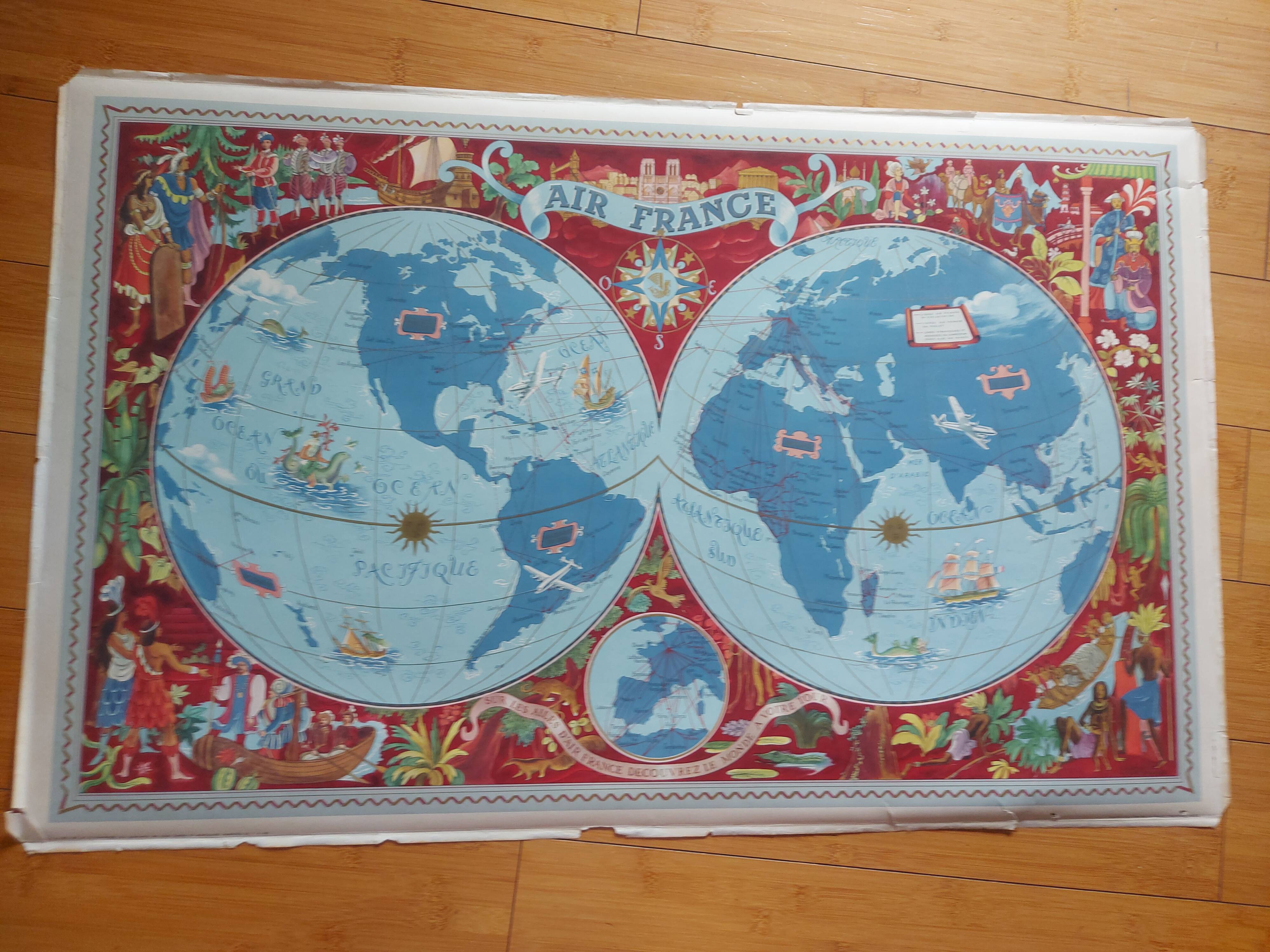 Poster, planisphere airline " air france " printing perceval