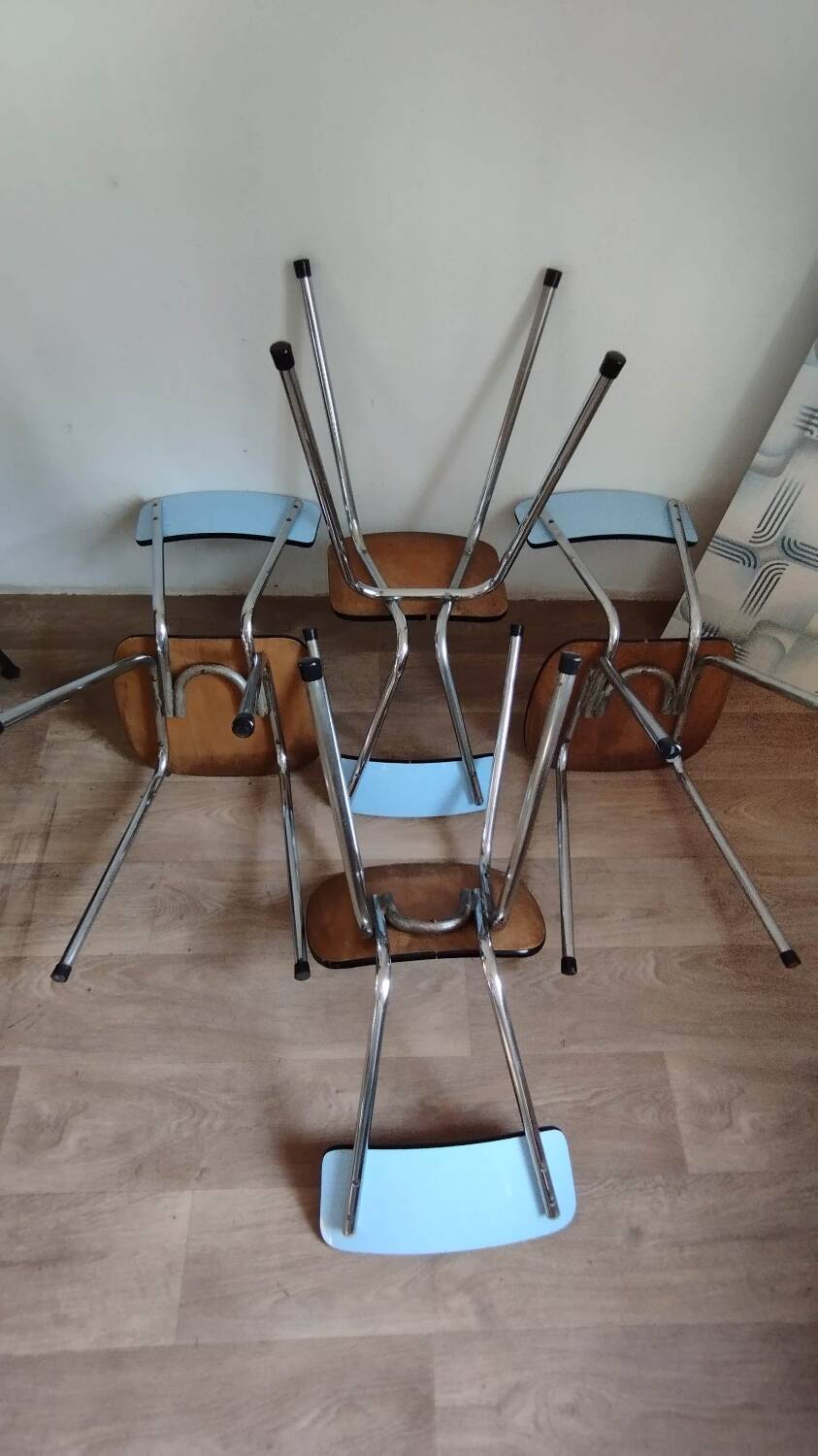 4 blue Formica chairs