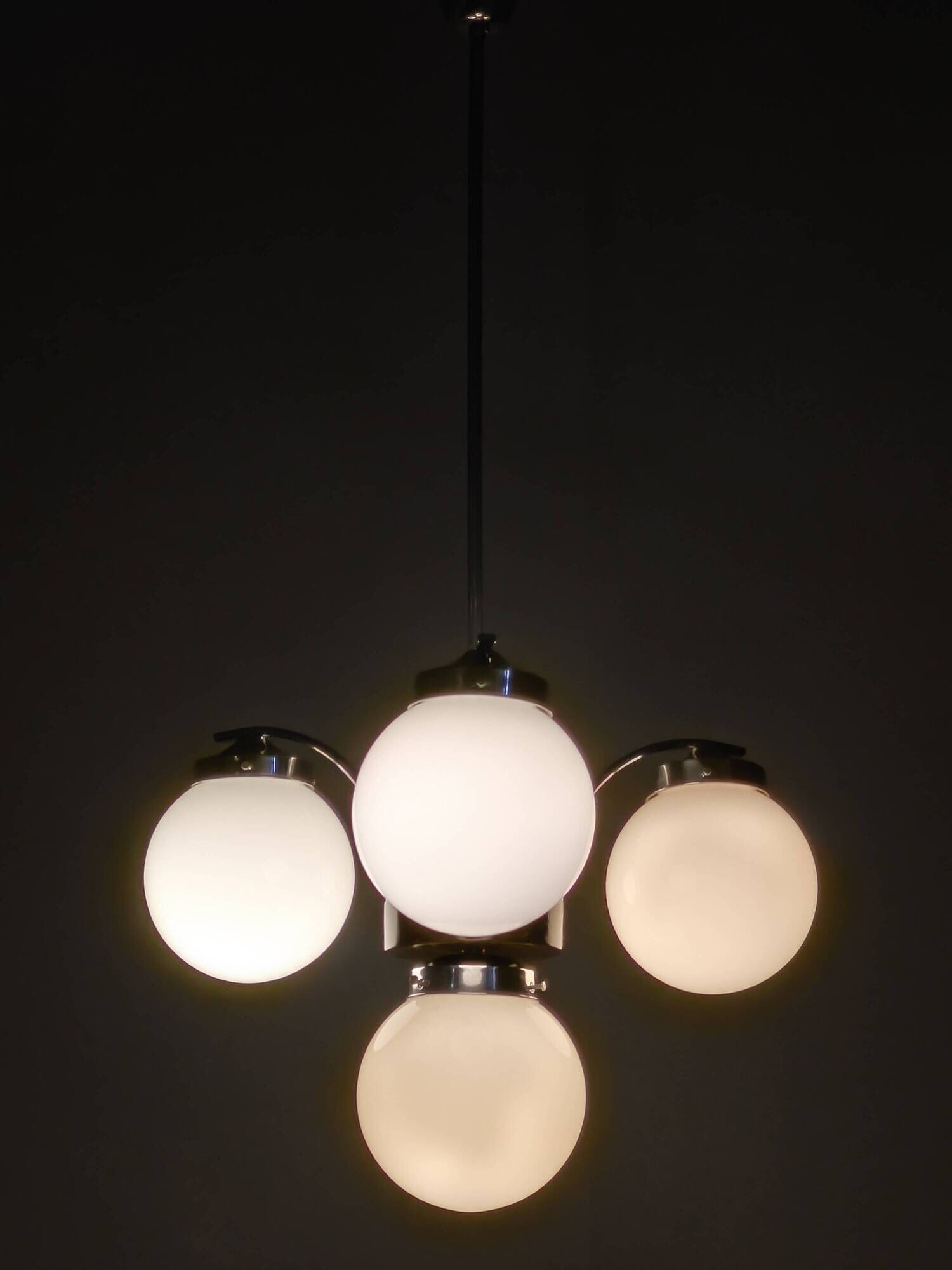 Czech Art Deco Chandelier from the 1930s with Four Opaline Glass Shades